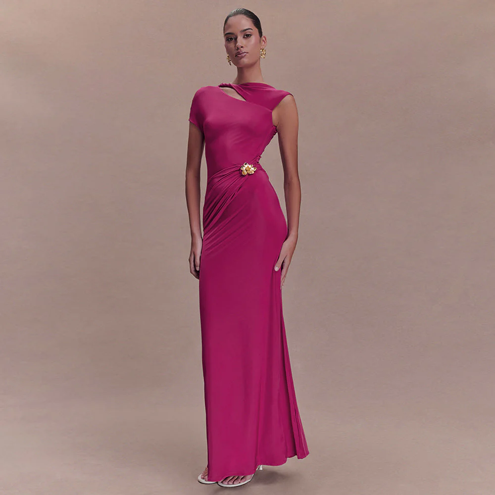 Women's Sheath Maxi Dress with Asymmetric Cutout and Brooch - Image 3