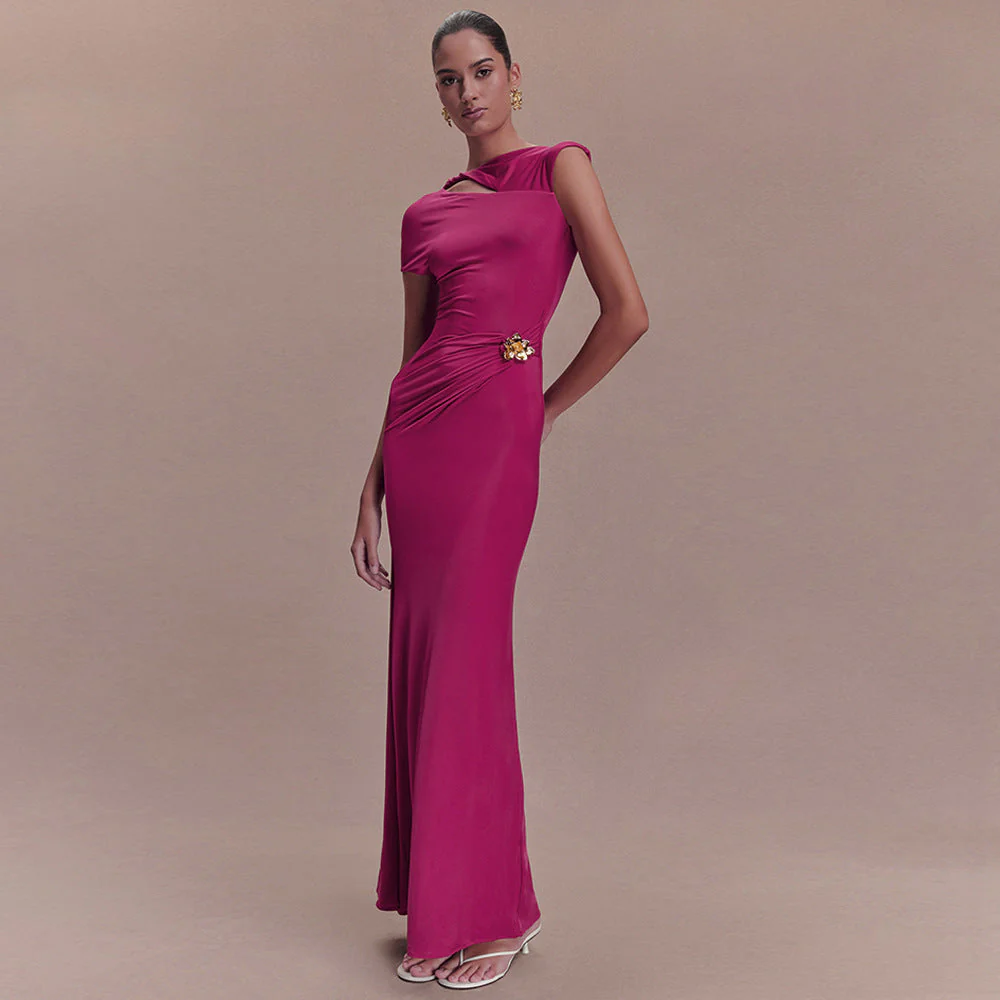 Women's Sheath Maxi Dress with Asymmetric Cutout and Brooch - Image 4