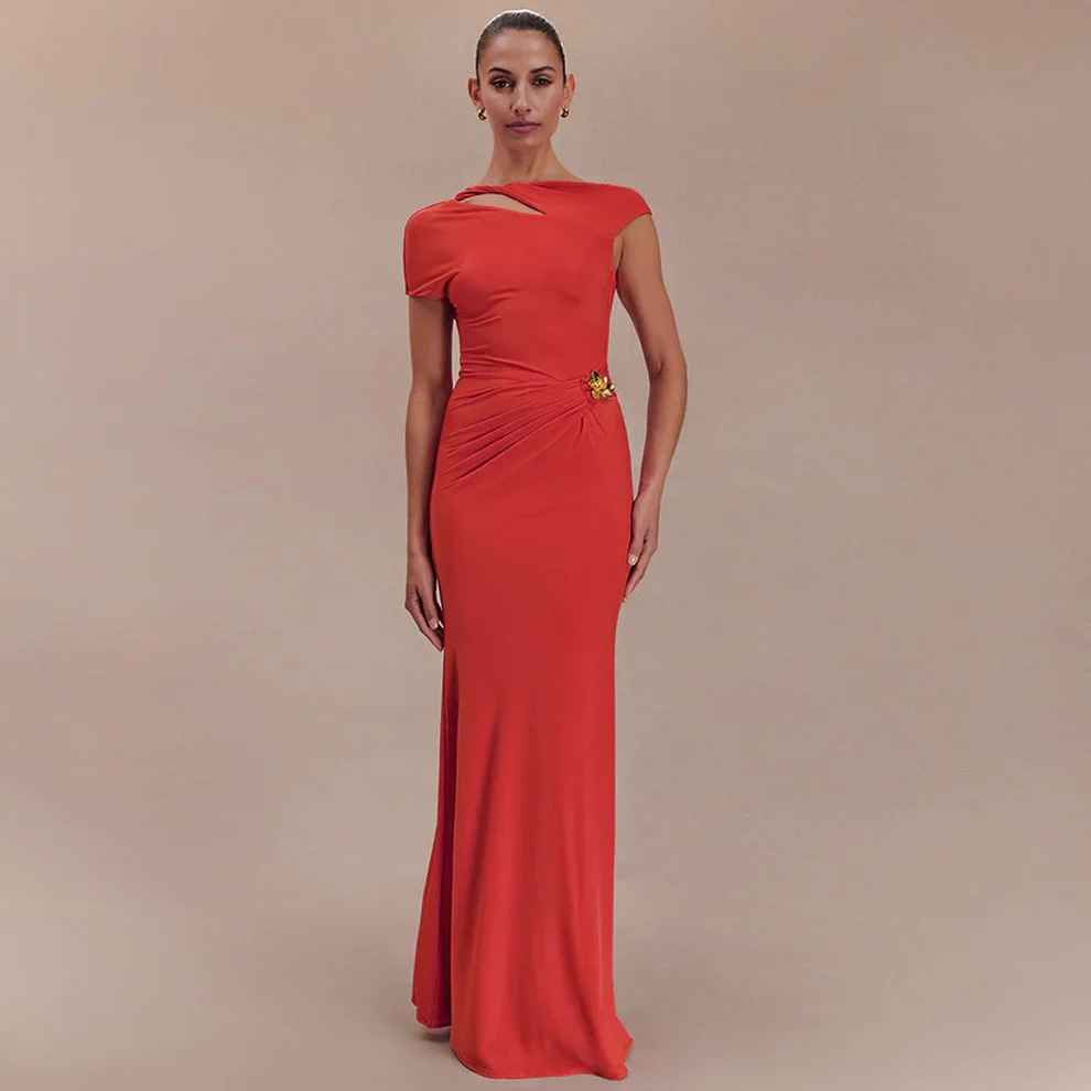 Women's Sheath Maxi Dress with Asymmetric Cutout and Brooch - Image 5