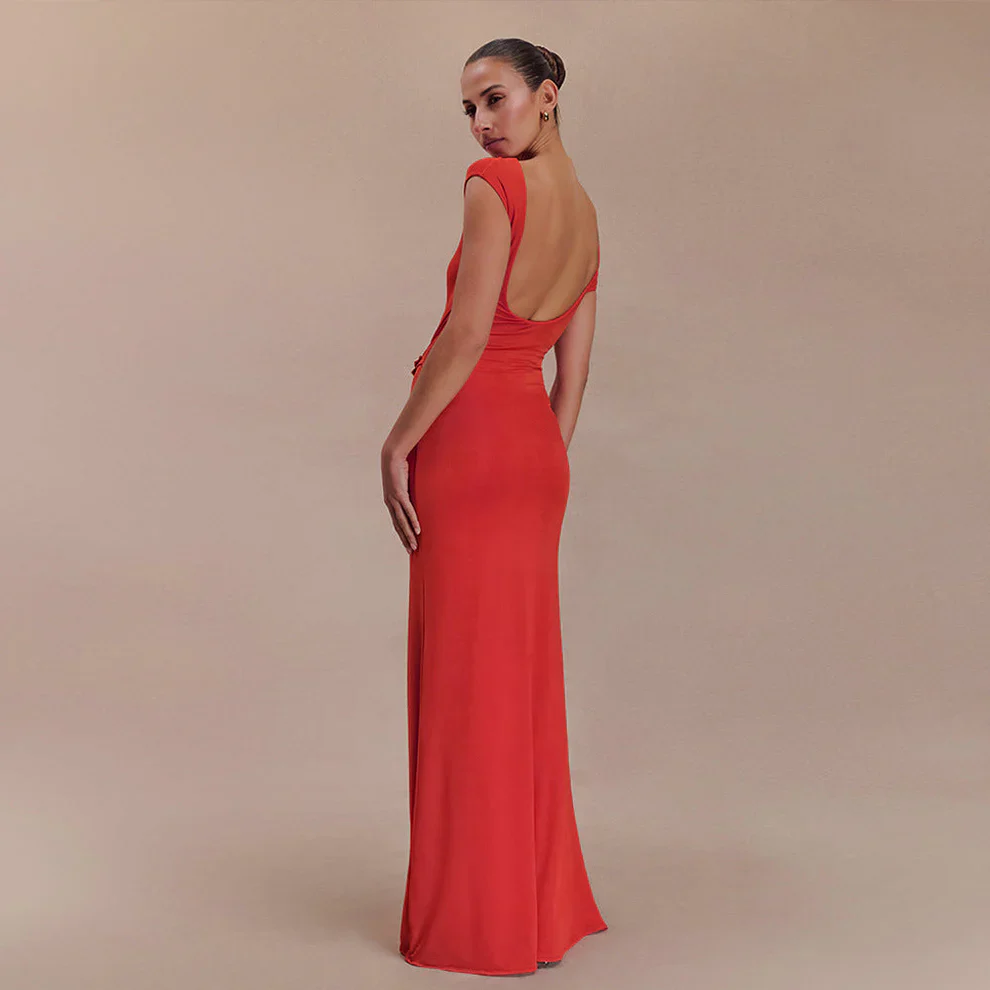 Women's Sheath Maxi Dress with Asymmetric Cutout and Brooch - Image 6