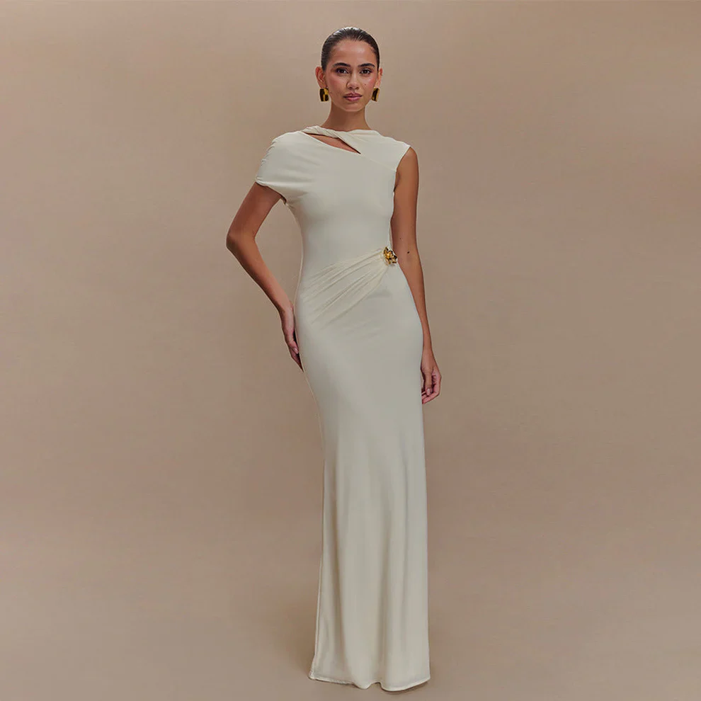 Women's Sheath Maxi Dress with Asymmetric Cutout and Brooch - Image 7