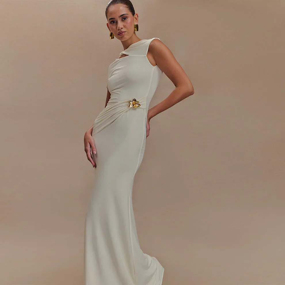 Women's Sheath Maxi Dress with Asymmetric Cutout and Brooch - Image 8
