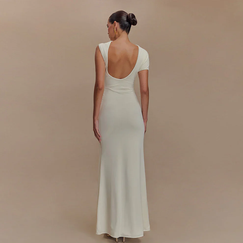 Women's Sheath Maxi Dress with Asymmetric Cutout and Brooch - Image 9