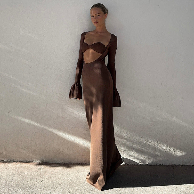 Women's Underbust Cutout Maxi Dress with Flared Bell Sleeves - Image 10